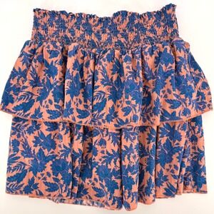 Womens Large Boho Coquette Peach Blue Floral Smocked Tiered Ruffle Mini Skirt
